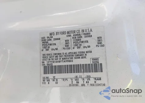 2000 Ford Ranger Xl/Xlt from USA, damaged, VIN 1FTYR10V8YTA99803